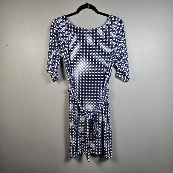 Leota Womens Midi Dress V Back Geometric Print Blue/White Size Medium Tie Waist - Picture 1 of 7